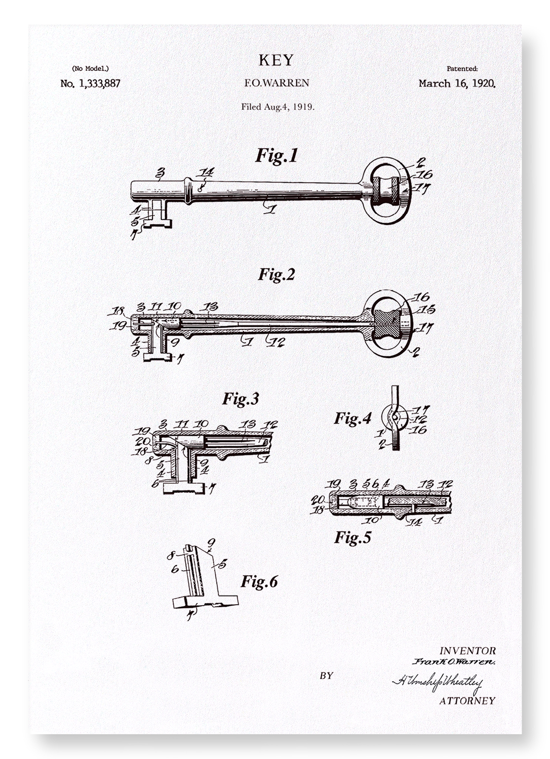 PATENT OF KEY (1920): Patent Art Print