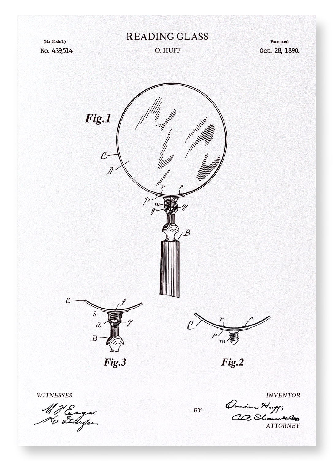 PATENT OF READING GLASS (1890): Patent Art Print