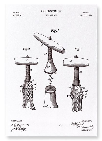 PATENT OF CORKSCREW (1883): Patent Art Print