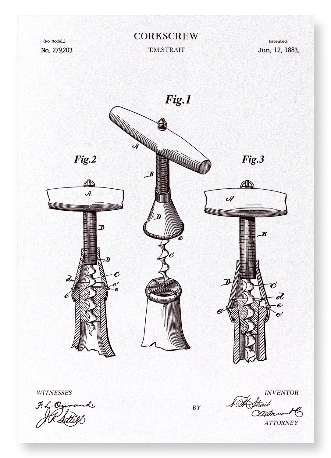 PATENT OF CORKSCREW (1883): Patent Art Print