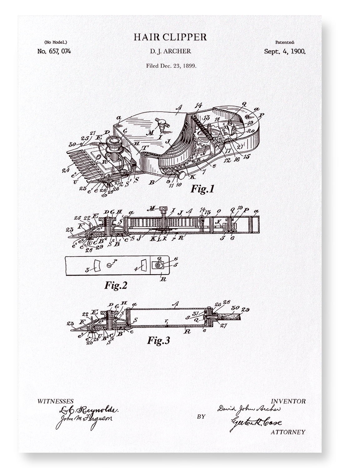 PATENT OF HAIR CLIPPER (1900): Patent Art Print
