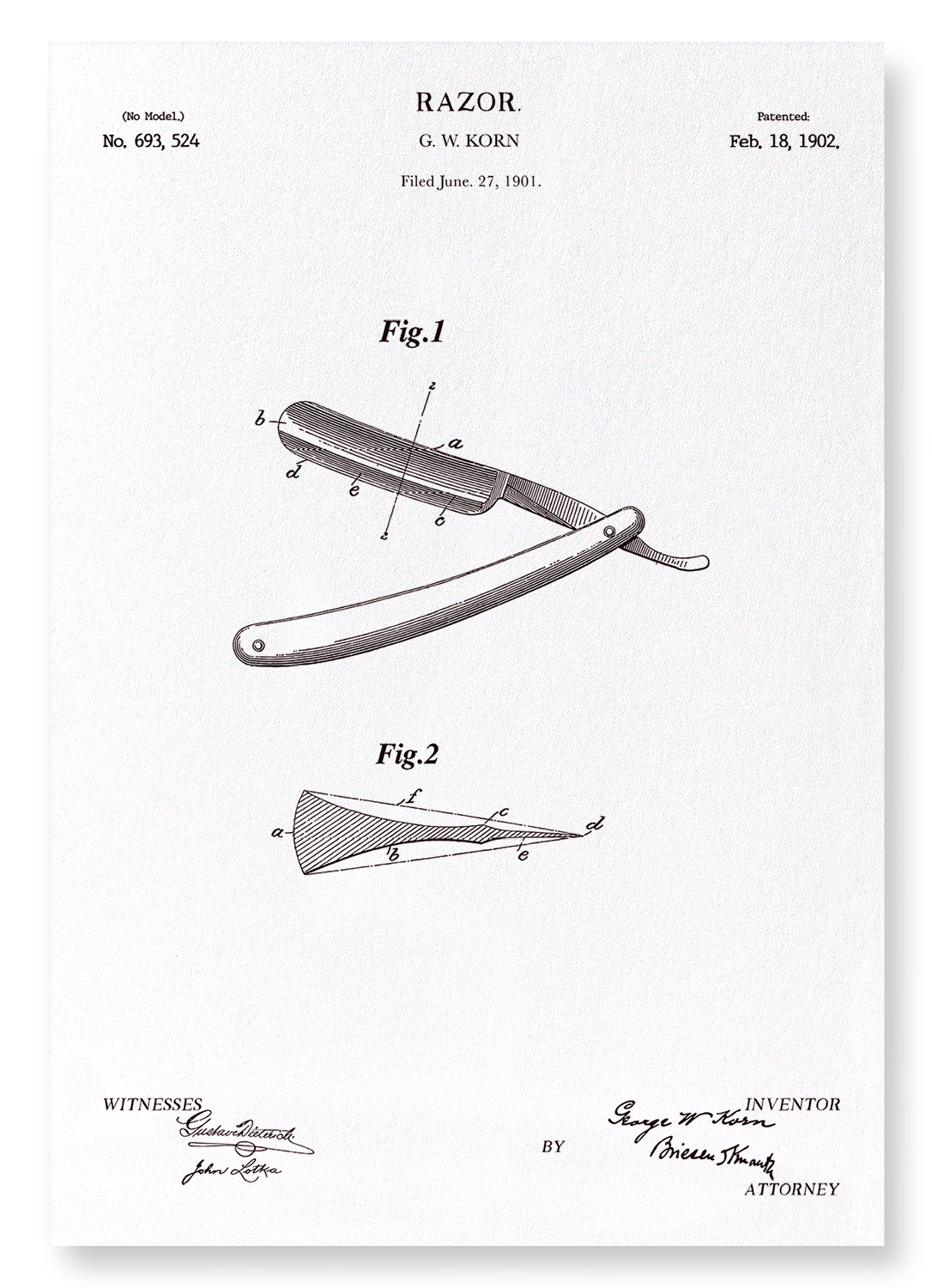 PATENT OF RAZOR (1902): Patent Art Print