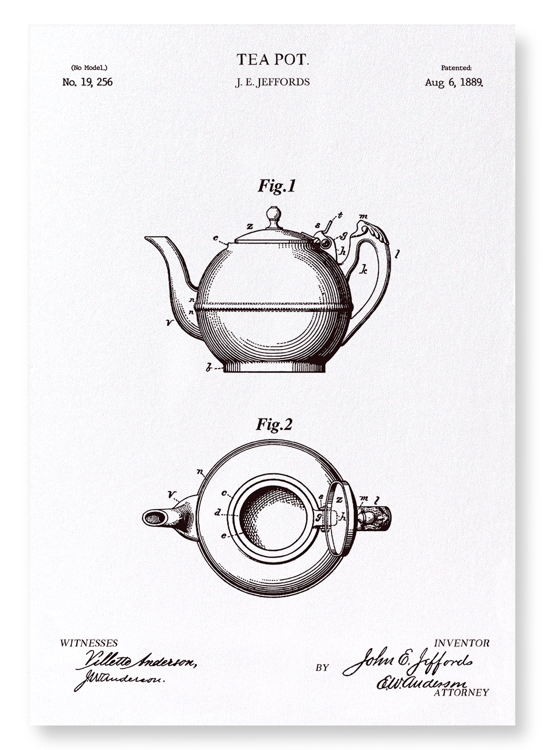 PATENT OF TEAPOT (1889): Patent Art Print