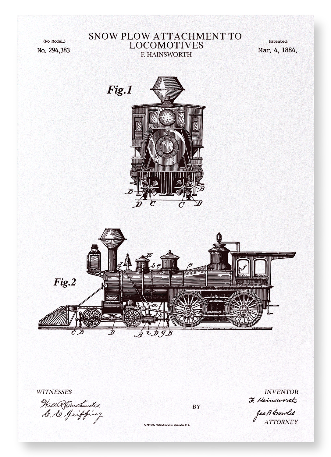 PATENT OF SNOW PLOW ON LOCOMOTIVES (1884): Patent Art Print