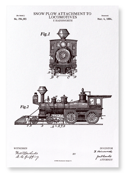 PATENT OF SNOW PLOW ON LOCOMOTIVES (1884): Patent Art Print