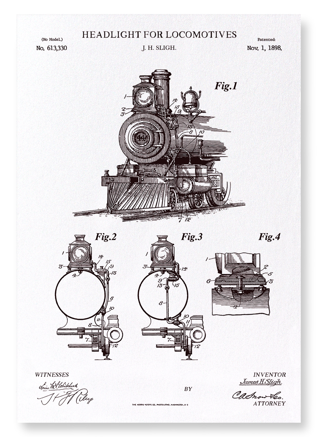 PATENT OF HEADLIGHT FOR LOCOMOTIVES (1898): Patent Art Print