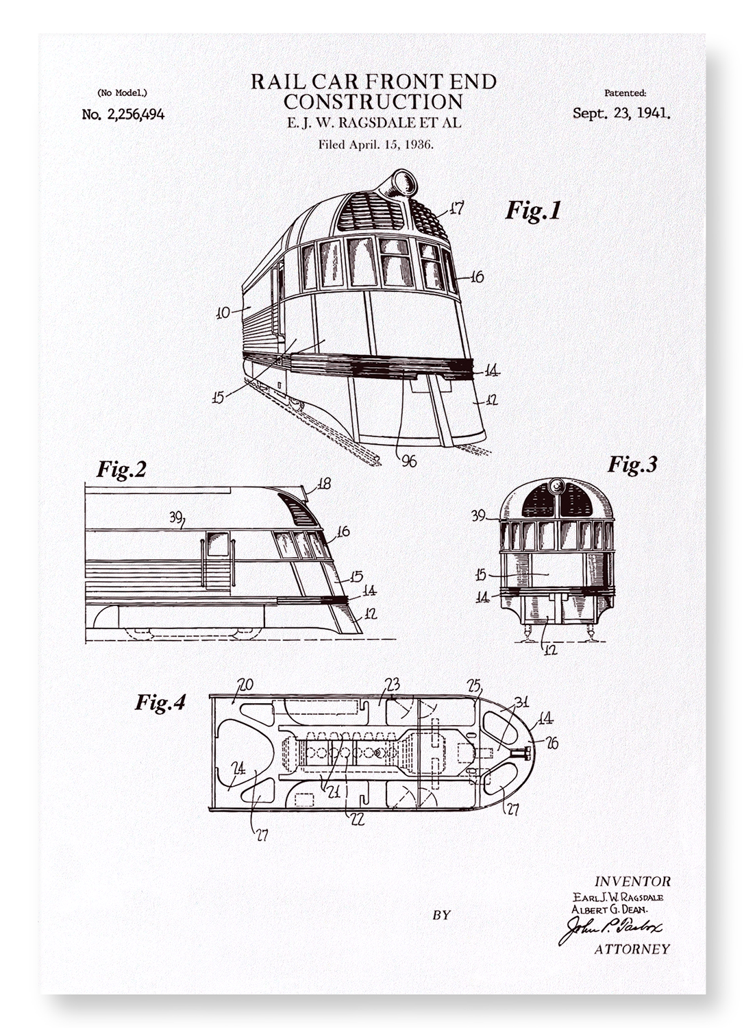 PATENT OF RAIL CAR FRONT END CONSTRUCTION (1941): Patent Art Print