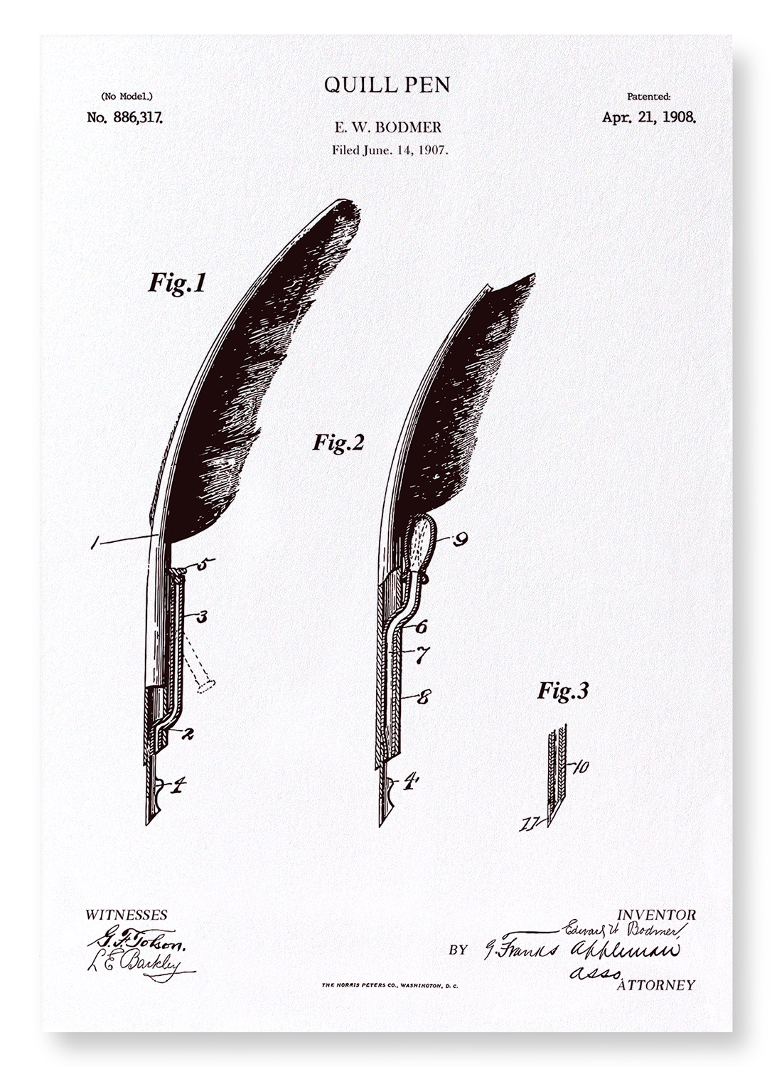 PATENT OF QUILL PEN (1908): Patent Art Print