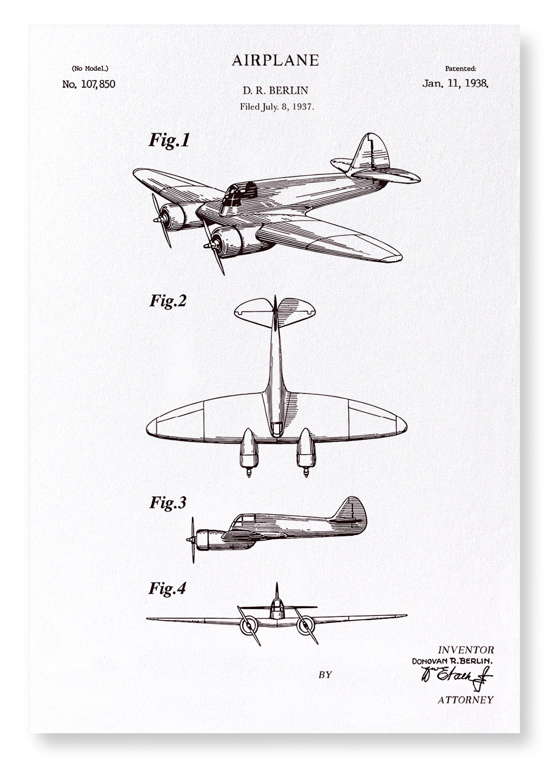 PATENT OF AIRPLANE (1938): Patent Art Print