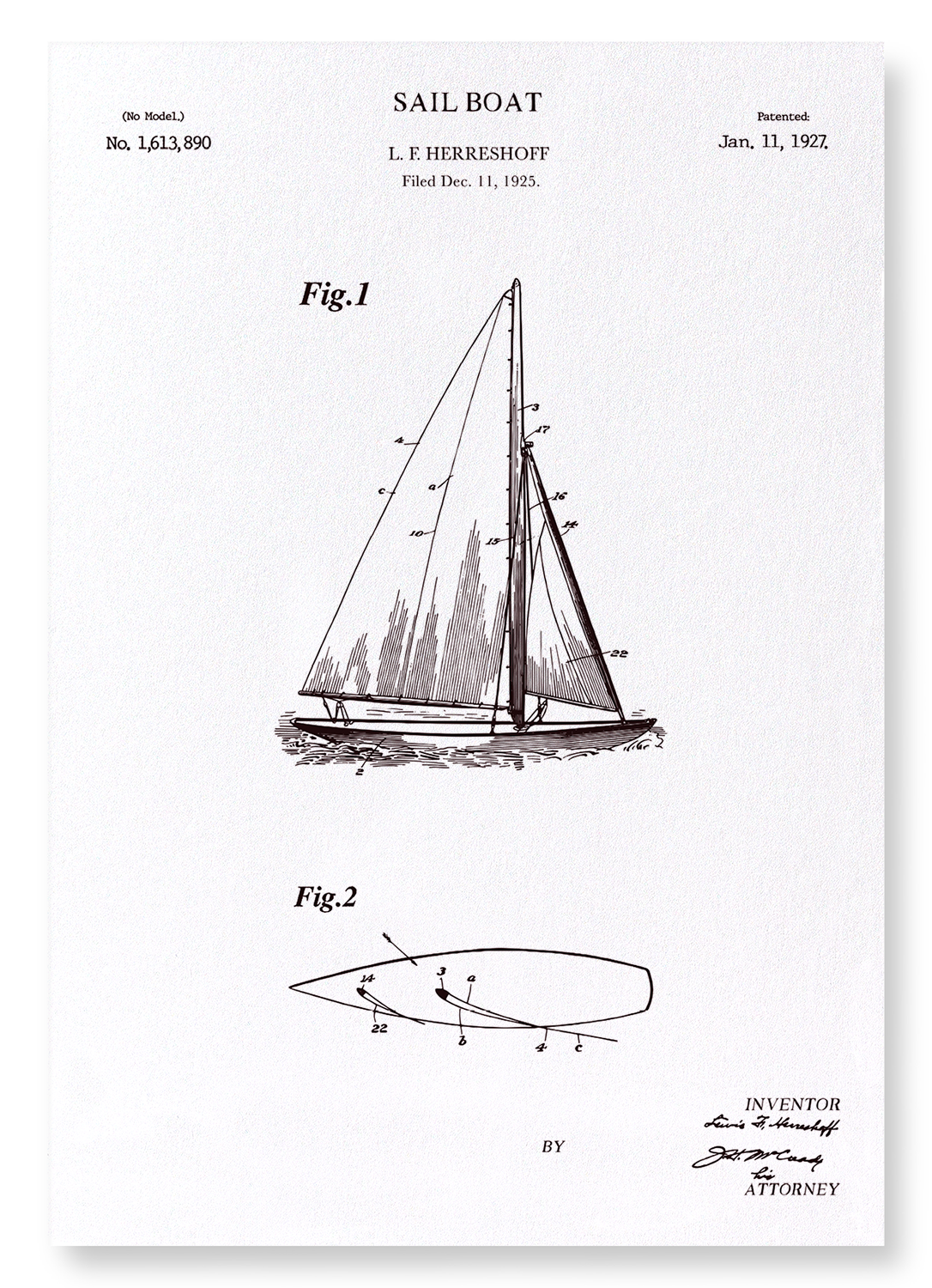 PATENT OF SAIL BOAT (1927): Patent Art Print