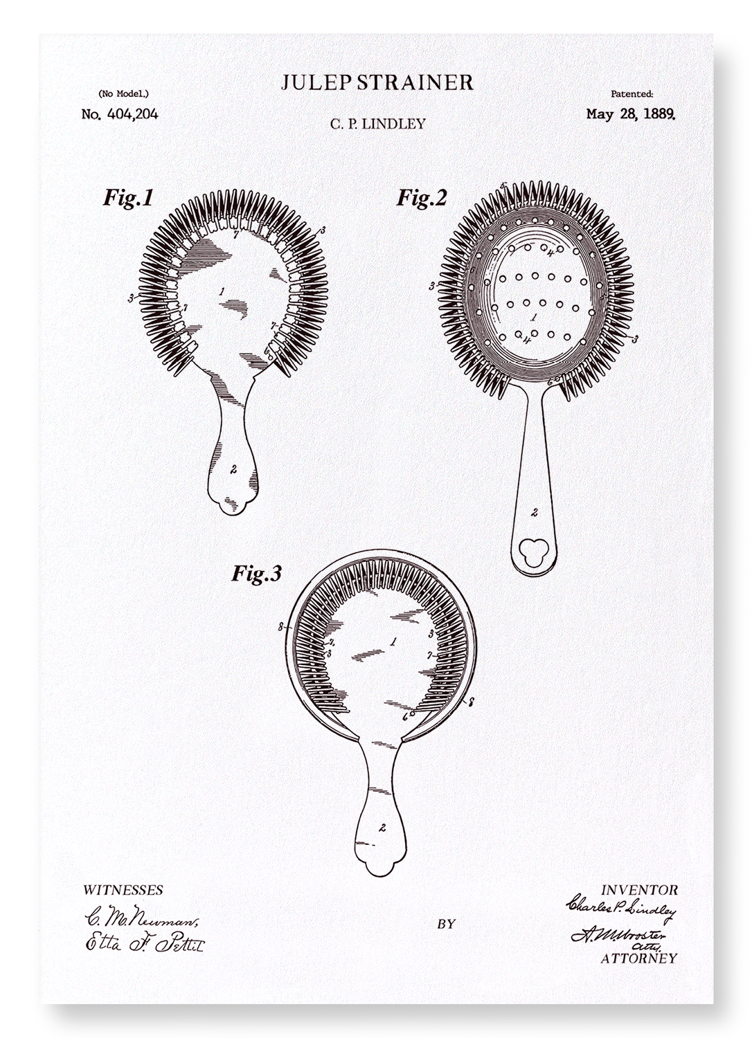 PATENT OF JULEP STRAINER (1889): Patent Art Print