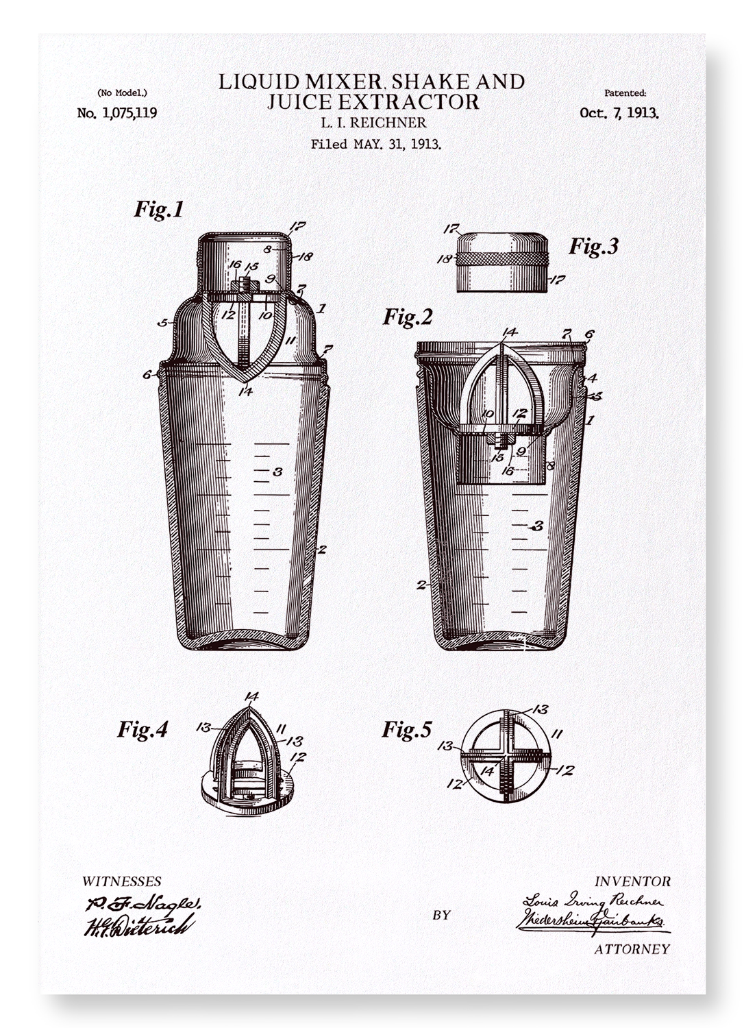PATENT OF LIQUID MIXER, SHAKE & JUICE EXTRACTOR (1913): Patent Art Print