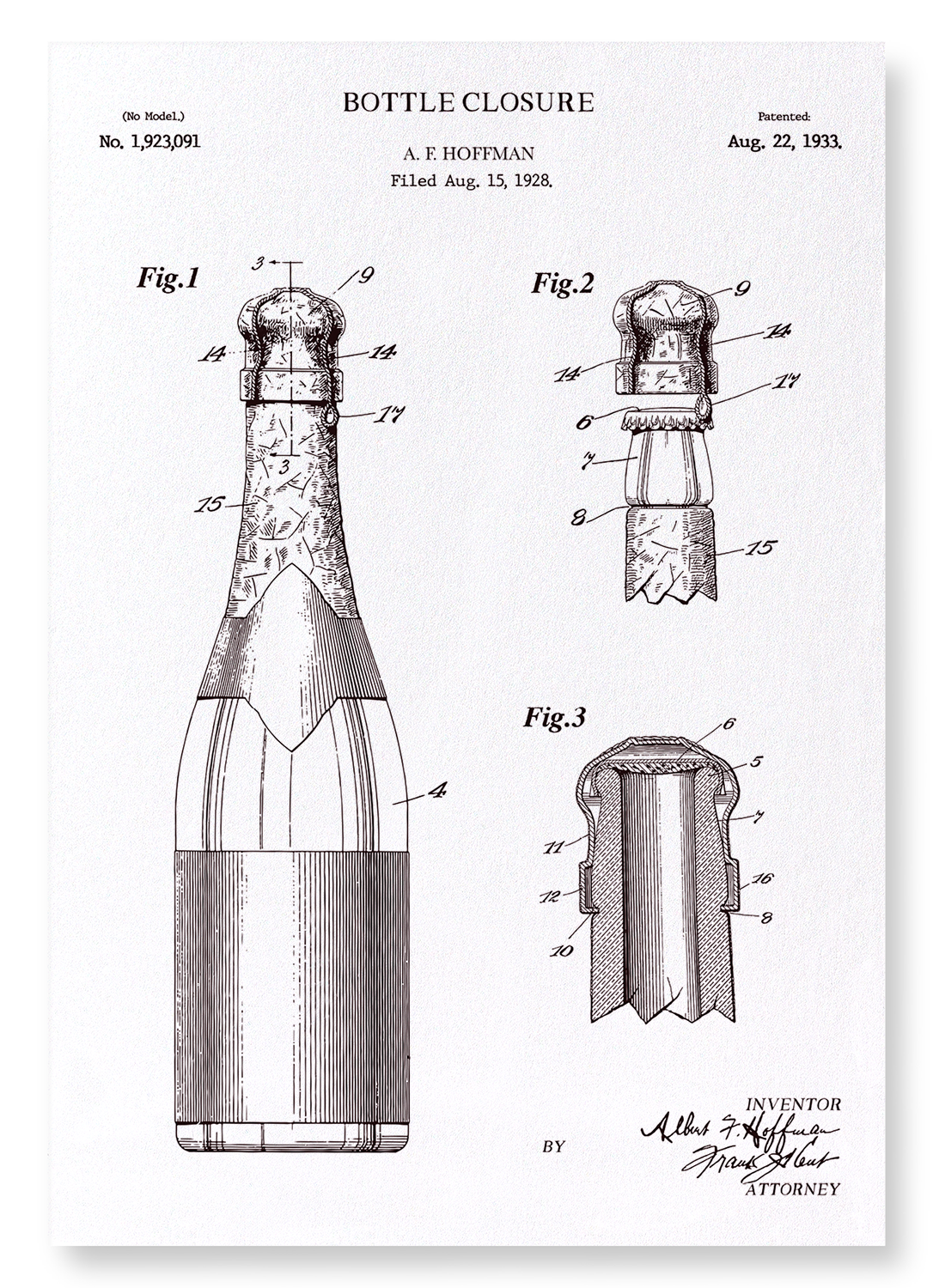 PATENT OF BOTTLE CLOSURE (1933): Patent Art Print