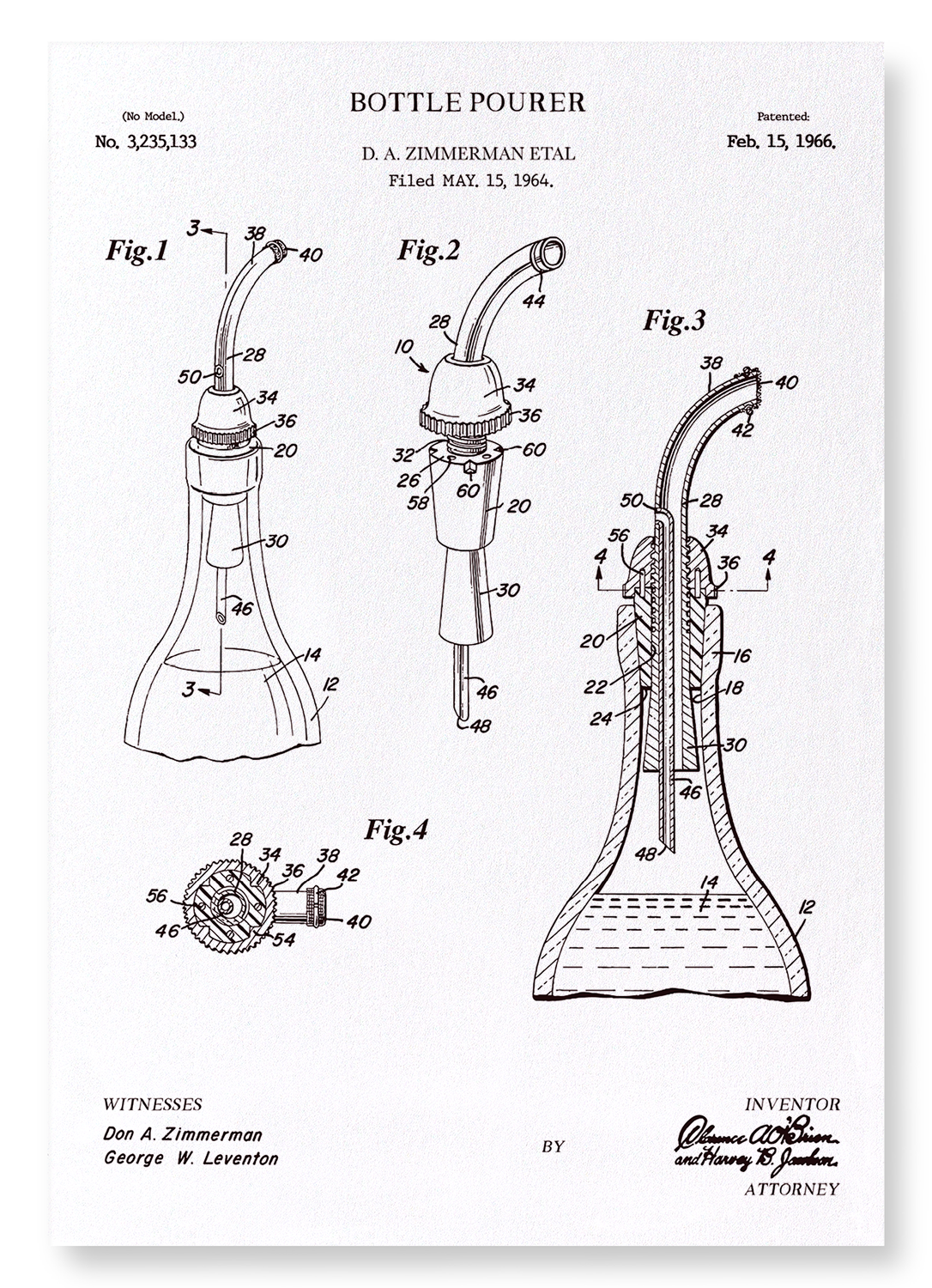 PATENT OF BOTTLE POURER (1966): Patent Art Print