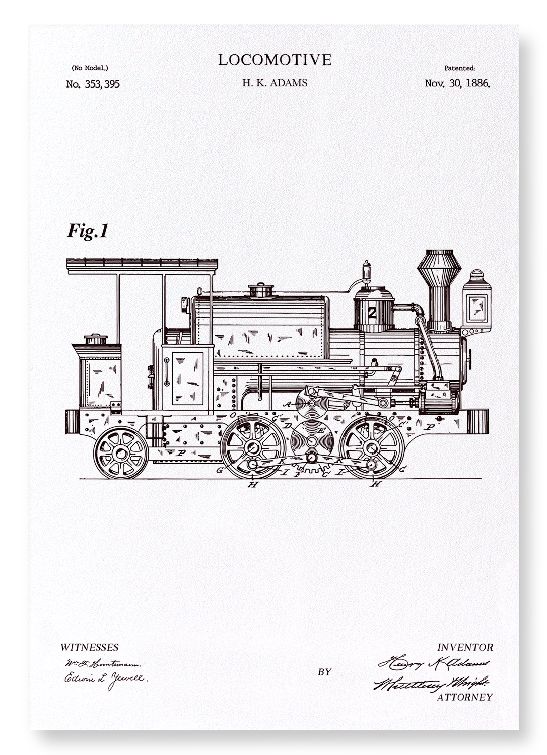 PATENT OF LOCOMOTIVE (1886): Patent Art Print
