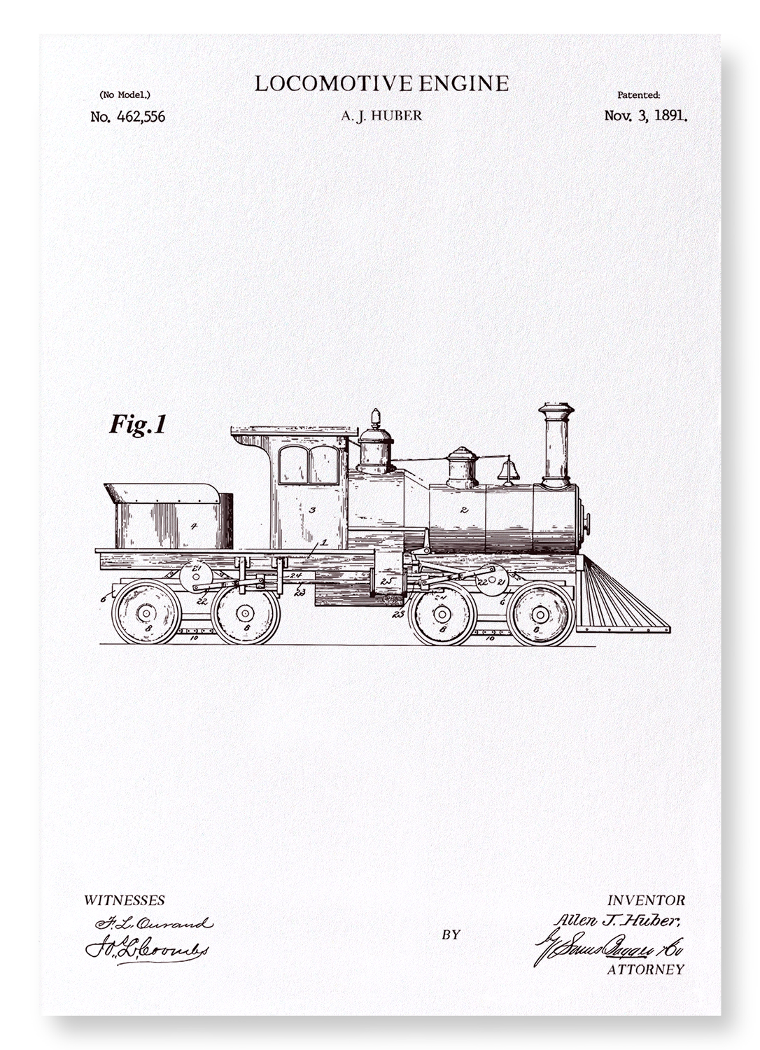 PATENT OF LOCOMOTIVE ENGINE (1891): Patent Art Print