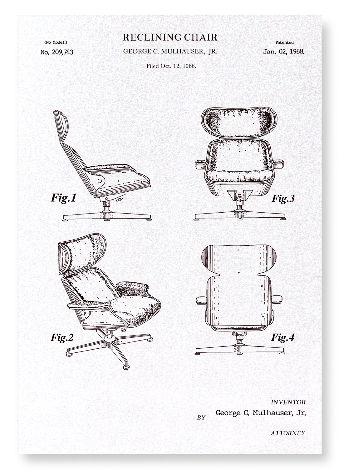 RECLINING CHAIR (1968): Patent Art Print
