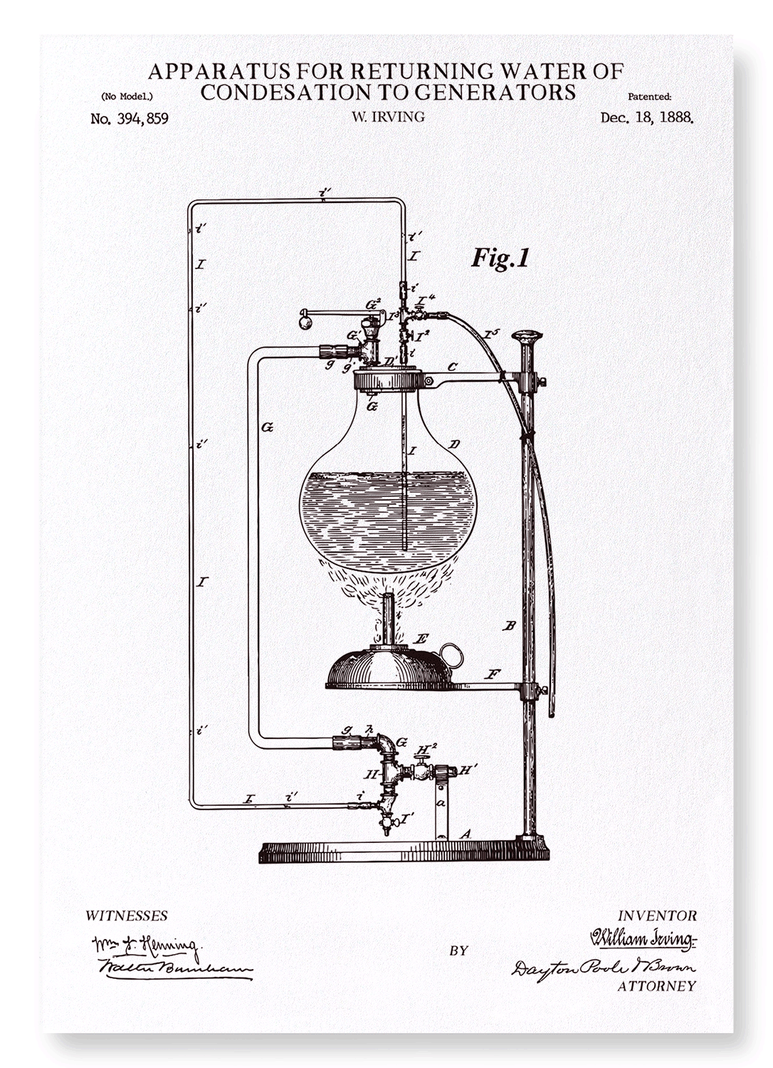 PATENT OF APPARATUS FOR RETURNING WATER OF CONDENSATION TO GENERATORS (1888): Patent Art Print