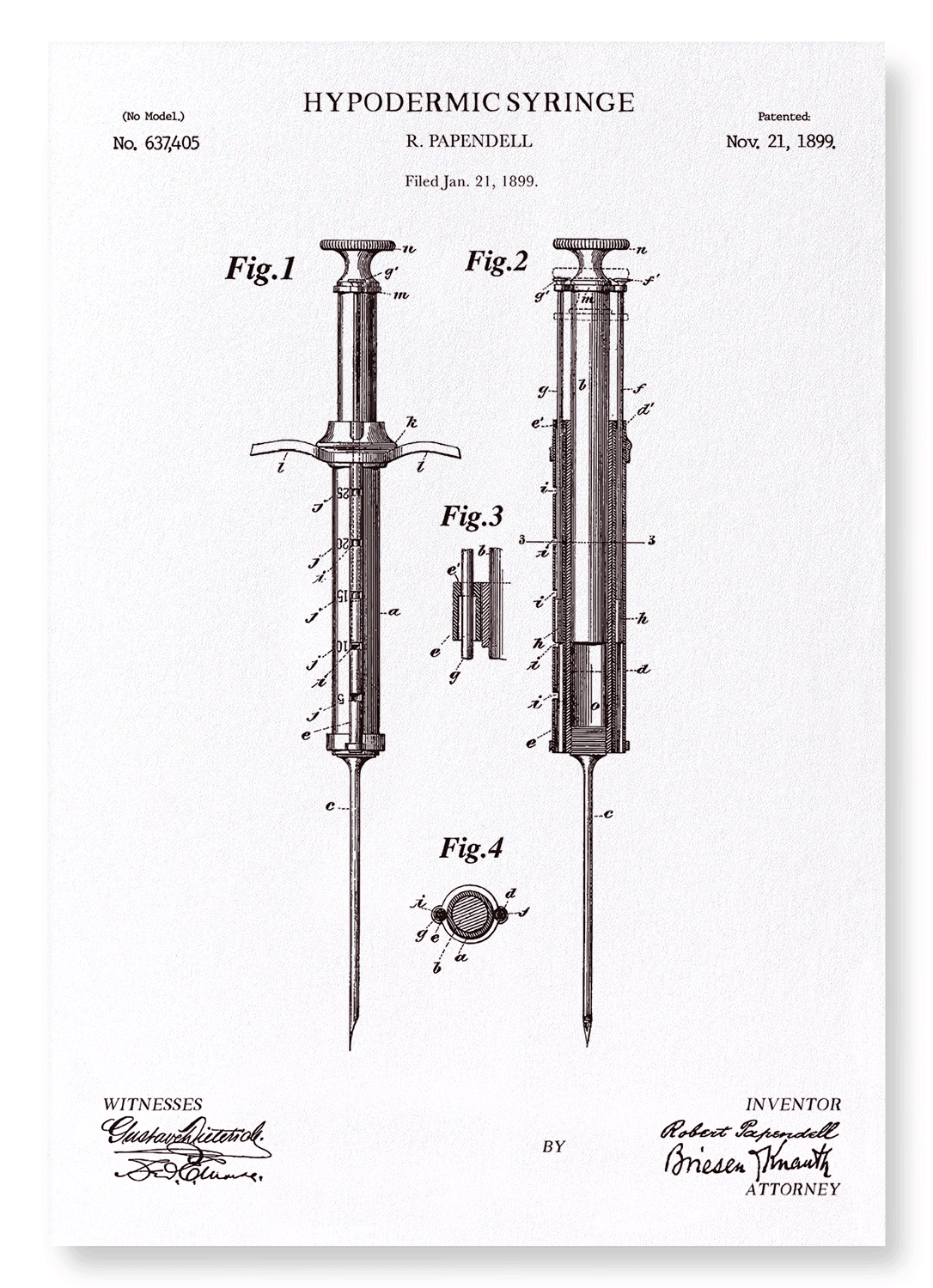 PATENT OF HYPODERMIC SYRINGE (1899): Patent Art Print
