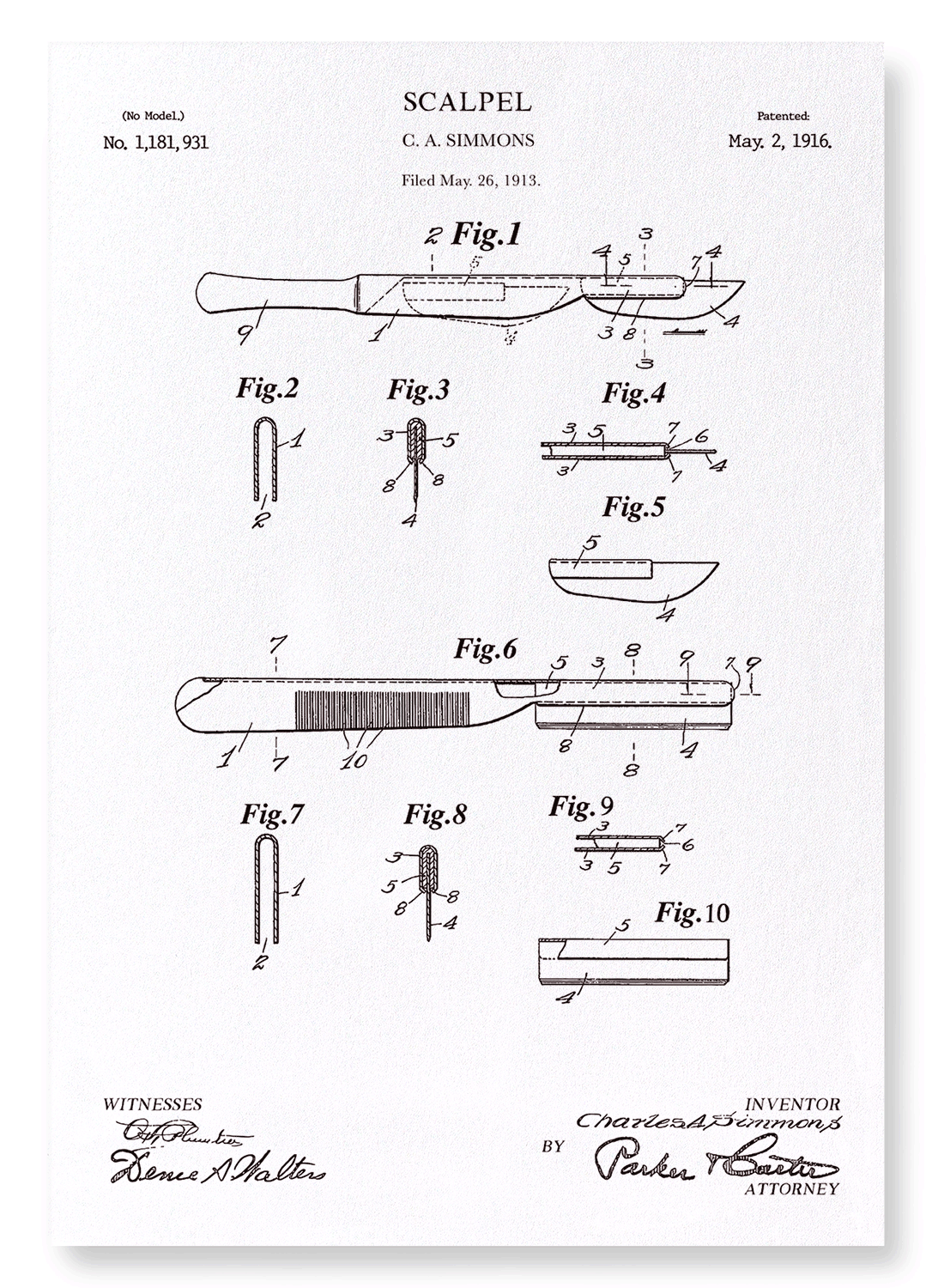 PATENT OF SCALPEL (1916): Patent Art Print