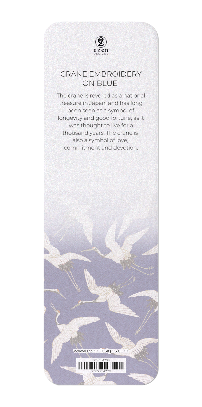 Ezen Designs - Crane embroidery on blue - Bookmark - Back
