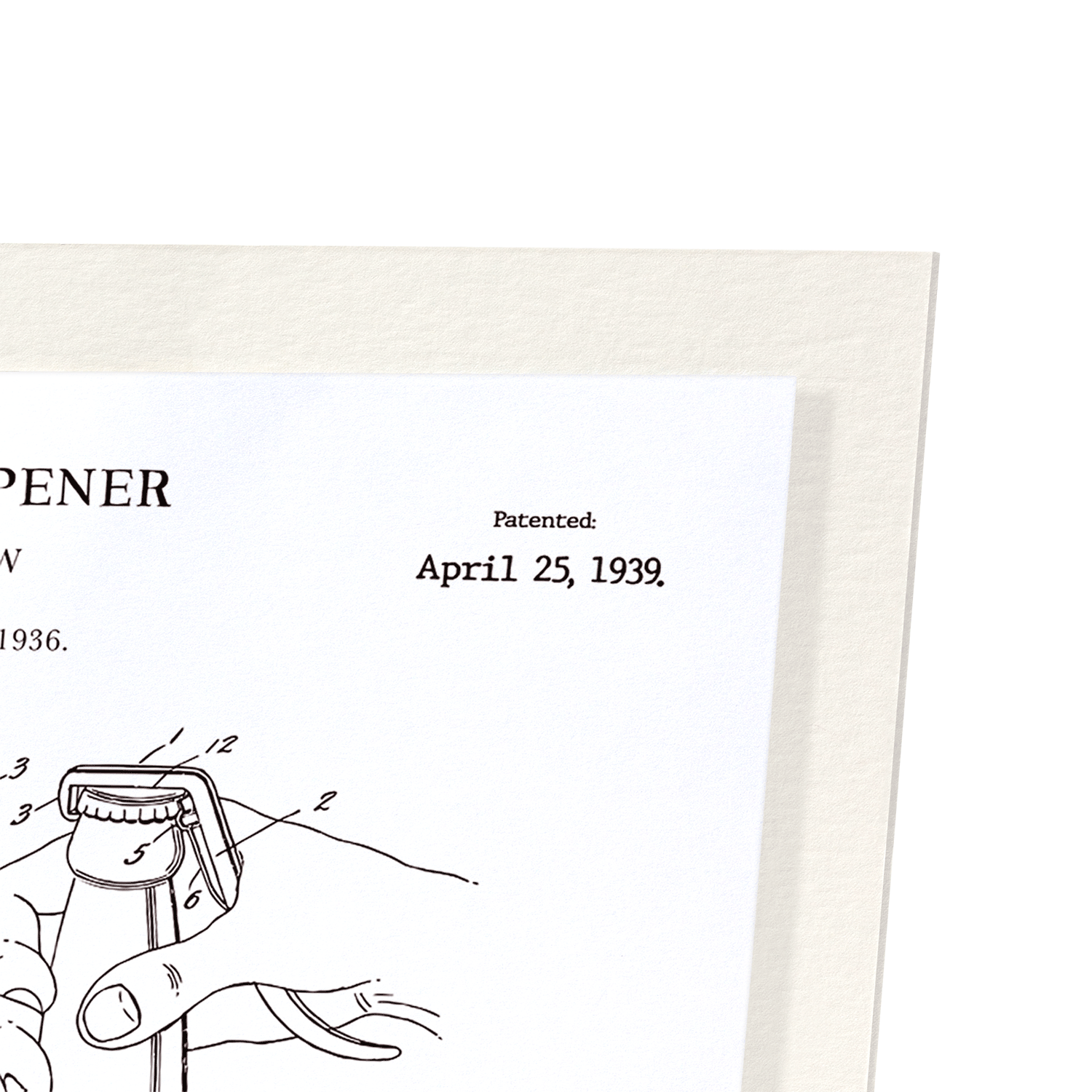PATENT OF BOTTLE OPENER (1939): Patent Art Print