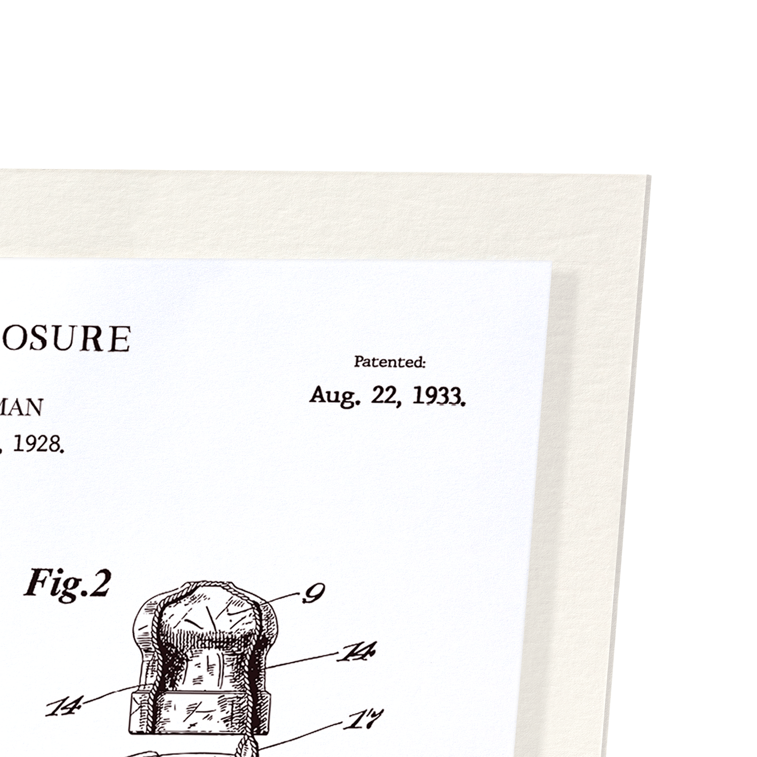 PATENT OF BOTTLE CLOSURE (1933): Patent Art Print